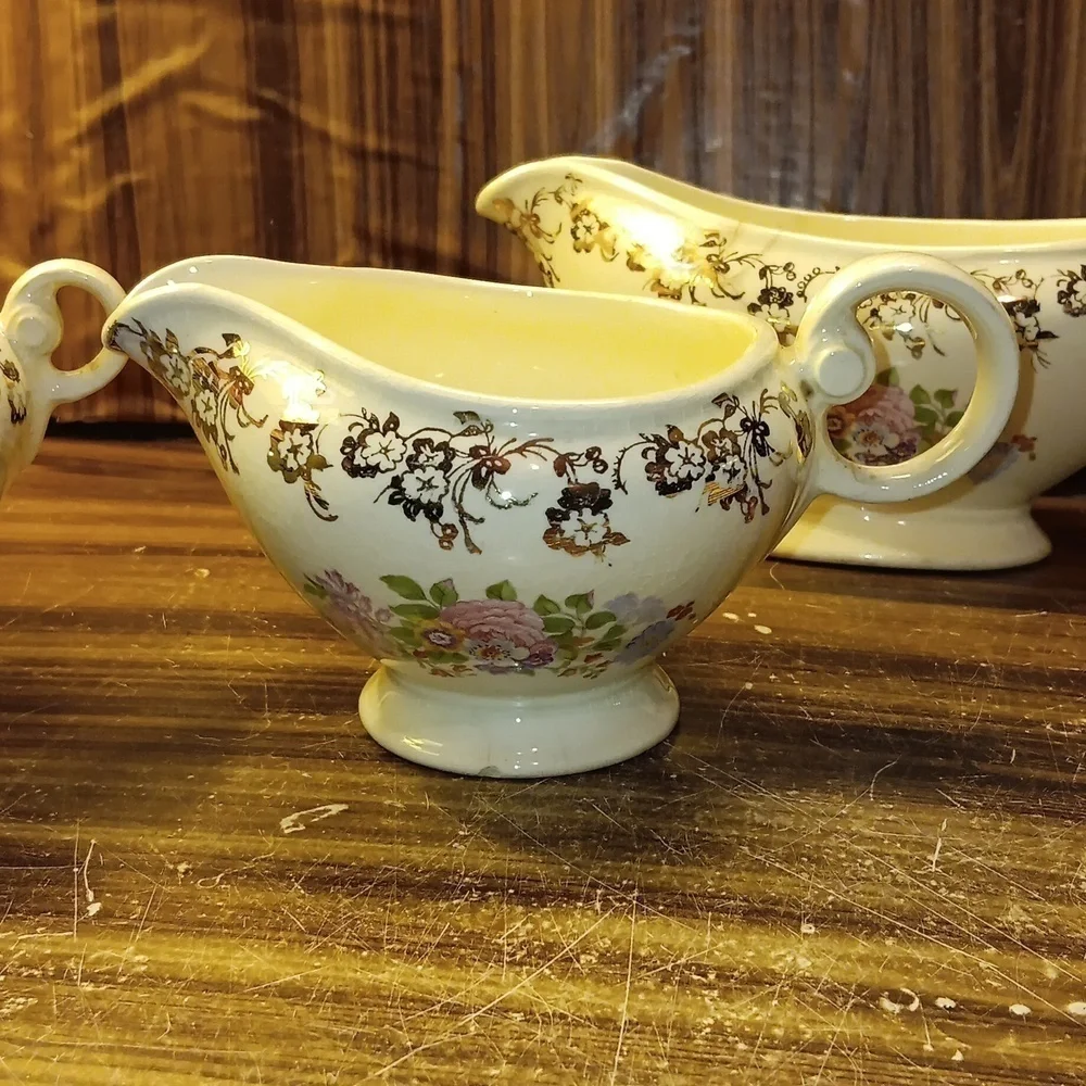 Antique 1935 Taylor Smith & Taylor pink rose gold trim creamer, sugar bowl gravy